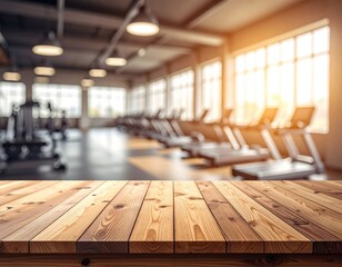 Wood table before blurred gym with treadmills and light