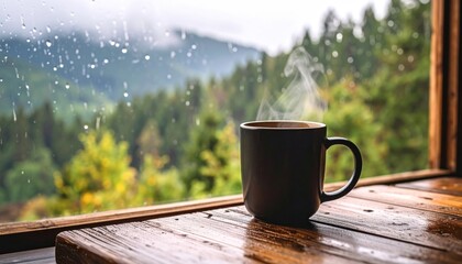 Steaming Coffee Mug on Wood with Rainy Day Window, and Mountain View.