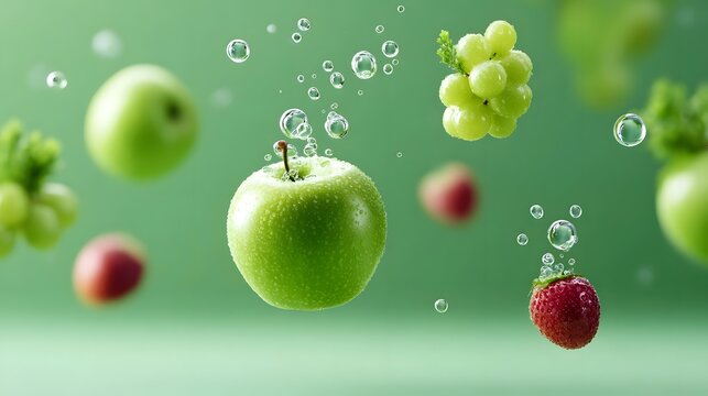 Vibrant assortment of fresh healthy fruits including green and red s juicy grapes and ripe strawberries floating in clear water with many effervescent bubbles rising around them