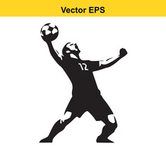 Soccer player celebrating goal, silhouette with ball, isolated on white