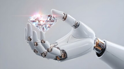 Precise robotic fingers cradle a flawless multi faceted diamond illuminated by bright light representing advancements in intelligence engineering and high value craftsmanship