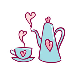 A charming vector illustration of a teapot and teacup adorned with heart motifs, soft pastel palette, clean lines, minimal shadows, perfect for greeting cards, stickers, and cozy cafe branding.