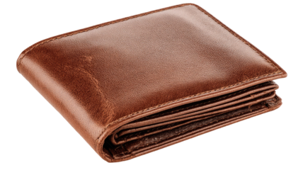 Closed brown leather business wallet for cash and credit card savings isolated on white