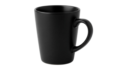 Matte black ceramic mug isolated PNG, minimalist coffee cup with handle for hot beverages on transparent background