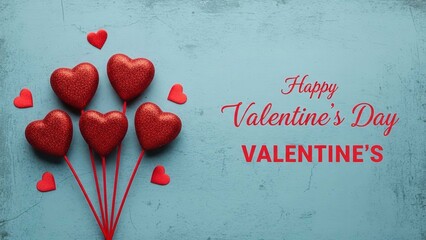 Red heart balloons and small hearts on a textured blue background Valentines Day greeting card romantic celebration concept
