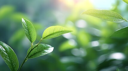 Close up of vibrant green leaves basking in warm sunlight revealing intricate textures and a soft blurred natural backdrop creating a serene atmosphere