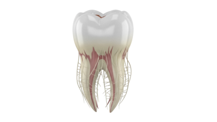 Detailed molar tooth anatomy PNG isolated on transparent background, dental structure with roots, pulp, and enamel for medical education