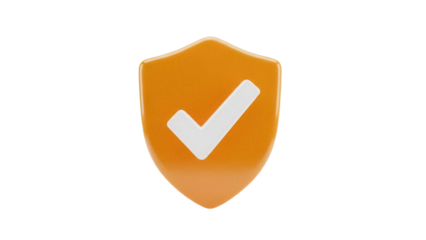 Orange shield with check mark isolated PNG, security and protection concept on transparent background for graphic design and web use