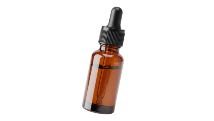 Amber glass bottle with dropper isolated PNG on transparent background, essential oil container for aromatherapy and skincare