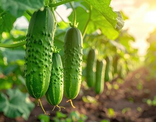 Cucumbers on vines, green, in rows, sunlight