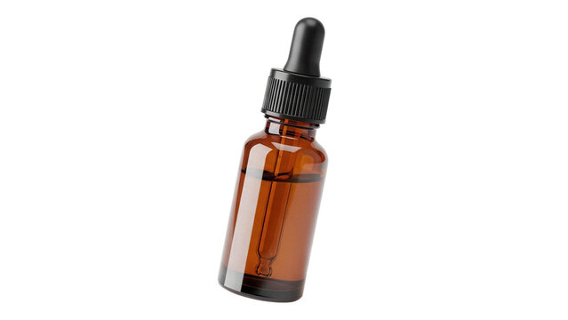 Amber glass bottle with dropper isolated PNG on transparent background, essential oil container for aromatherapy and skincare