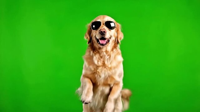 A dog dancing on green background.