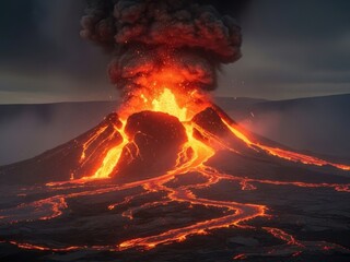 Volcanic eruption with lava flowing down the mountain and smoke rising up