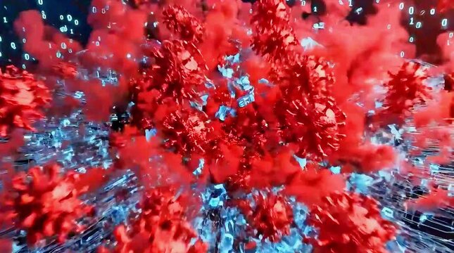 Virus attacking digital cell structure with flowing binary code data
