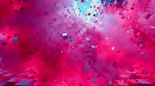 Dynamic digital explosion rips through abstract blue block landscape
