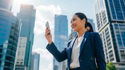 Smiling businesswoman using smartphone in modern city
