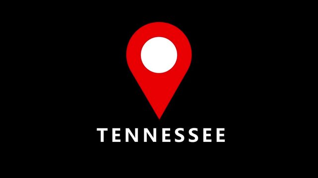 Red map marker icon with white circle center above the word TENESE on a black background tennessee