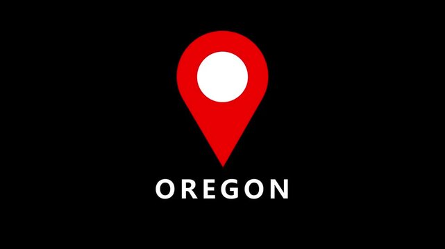Red location pin icon with white circle on black background above the word Oregon map marker navigation