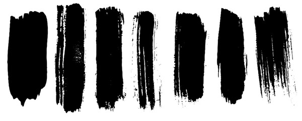 Black long strokes abstract textured smears set isolated on a white background 
