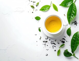 Tea cup with green leaves on a white marble backdrop