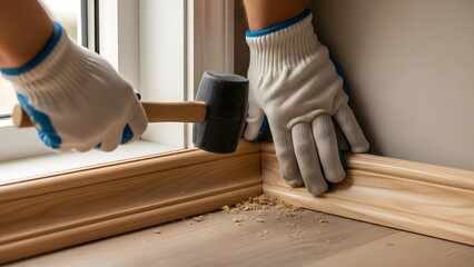 gloved hands using rubber mallet to install wooden baseboard molding around window, for carpentry guides, flooring installation tutorials, home renovation blogs, and handyman service advertising