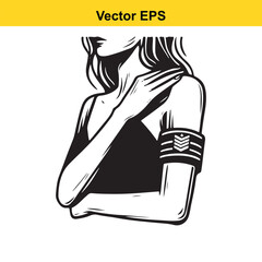 Woman's upper body with hand touching neck and arm band detail 60