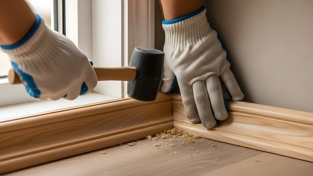 gloved hands using rubber mallet to install wooden baseboard molding around window, for carpentry guides, flooring installation tutorials, home renovation blogs, and handyman service advertising