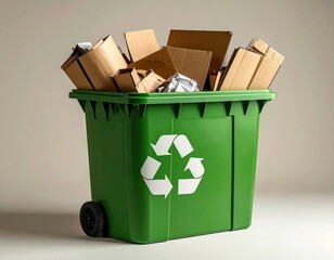 Full recycling bin with cardboard on neutral background