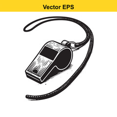 Sport whistle with lanyard, black and white illustration