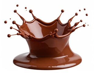 Chocolate splash with droplets against a white background