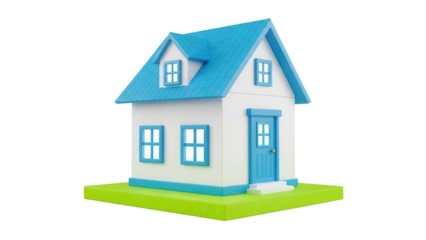 Cute cartoon house PNG isolated on transparent background, small blue roofed home for real estate and family concepts