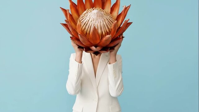 Woman in a white suit holding a large protea flower over her face. Surreal fashion and art concept. Anonymity and identity theme on a blue background