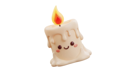 Cute kawaii candle PNG isolated on transparent background, cartoon style candle with a smiling face and a burning flame, holiday decoration