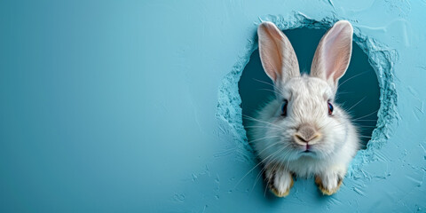 White bunny peeking through torn teal paper with curious expression and copy space to the left