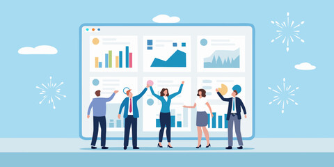 Team celebrating success with data analytics shown on a large computer screen