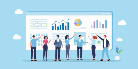 Team celebrating success with data analytics and business growth visualization