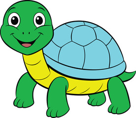 Cute green turtle with blue shell and yellow belly smiling animal reptile vector illustration EPS file download.
