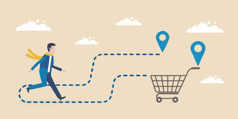 A businessman running towards a shopping cart with a dotted path