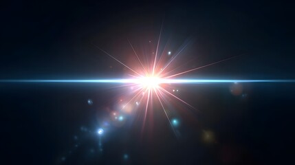 Abstract graphic with luminous central starburst flare radiating pink and blue light streaks and scattered bokeh circles on a deep black backdrop