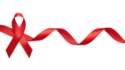 Red awareness ribbon isolated PNG on transparent background, symbol for AIDS and heart disease support and charitable causes