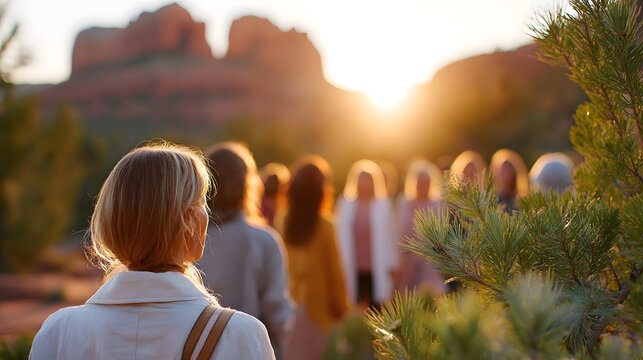 Spiritual gathering of women walking outdoors at sunset bathed in golden sunlight with red rock formations and pine trees in a serene desert landscape - Powered by Adobe