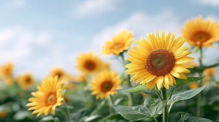 Vibrant yellow sunflowers bloom in a sunlit field with a clear blue sky and scattered clouds creating a beautiful natural landscape
