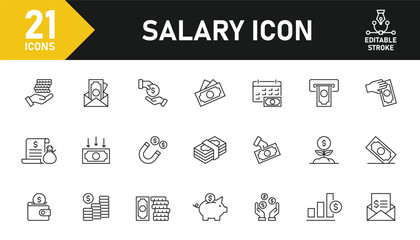Salary line icon set. Set of 21 outline icons related to income, salary, wages, money, employee benefit, accounting, payment, finance and others. Editable stroke. Vector illustration.