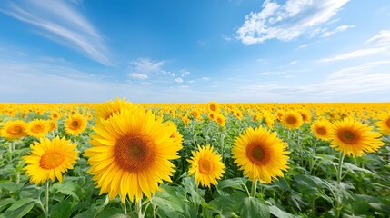 Fototapeta premium Expansive sun drenched field bursting with golden sunflowers in full bloom under a vivid blue sky dotted with wispy clouds evoking a sense of summer joy and natural beauty