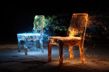 Familiar objects--chairs, clocks, books--slowly break apart, dissolving into countless glowing particles that drift and swirl through the air