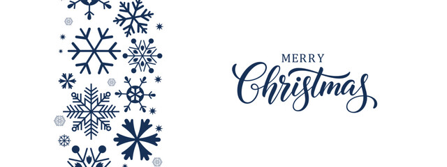 Elegant Merry Christmas greeting card with navy blue snowflakes on white background and modern calligraphy text, minimalist festive winter holiday design, horizontal banner layout, copy space on right