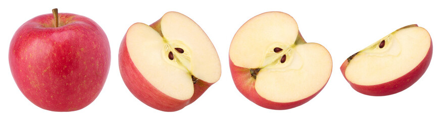 Close-up, pink apple, half and slices isolated, transparent PNG, PNG format