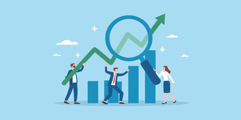 Teamwork and growth people building a rising chart with a magnifying glass