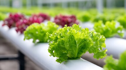 Vibrant leafy green and red lettuce varieties are precisely grown in a controlled hydroponic system within an agricultural greenhouse showcasing sustainable urban farming
