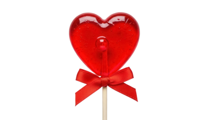 Heart-shaped red lollipop with ribbon isolated PNG, sweet candy treat for Valentine s Day and romantic occasions on transparent background